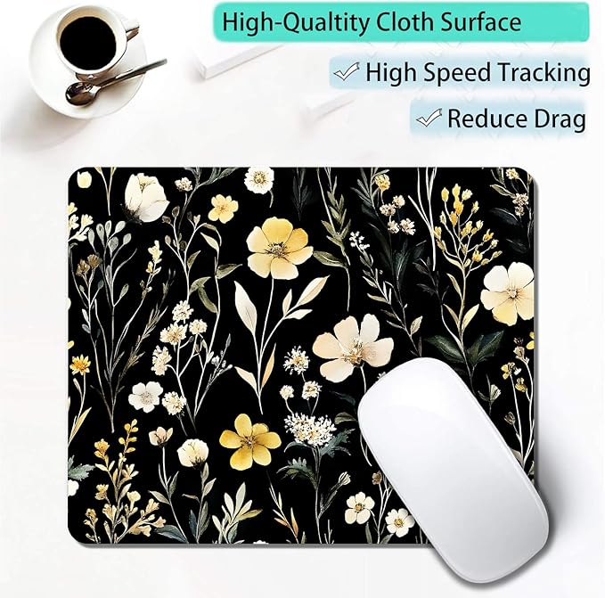 Wildflowers Aesthetic Floral Custom Mouse Pad with Non-Slip Rubber, Small Square Design for Wireless Laptop & Computer Mouse Pads for Desk, 9.5 x 7.9 inch Smooth Surface for Gaming & Office