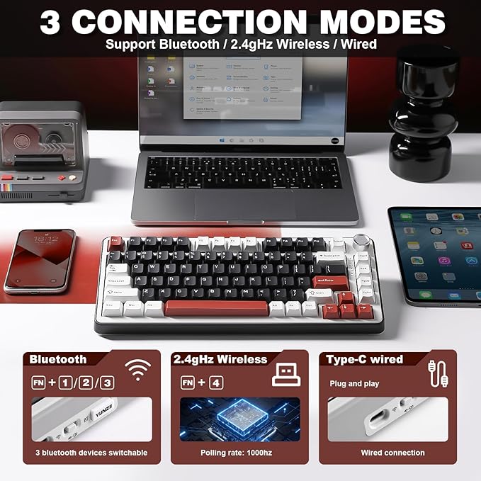 YUNZII B75 PRO Wireless Mechanical Keyboard,75% Layout with Knob,Hot Swap Gasket Custom Structure,Creamy Pre-lubed Switches,RGB Backlit,Bluetooth/Type-C/2.4G for Win/Mac(Blue Grey Switch,Black)