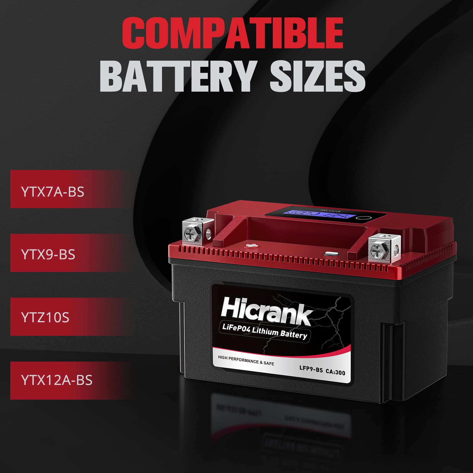 Hicrank LFP9-BS, 300 CCA, 5Ah, Lithium LiFePO4 Motorcycle Battery, 300 CCA, Digital SOC, IP66 for Ninja 400 Z650 Honda CBR600F4i KTM Duke 390 Suzuki GSX-R600 GSXR750 Predator 500 Replaces YTX9-BS