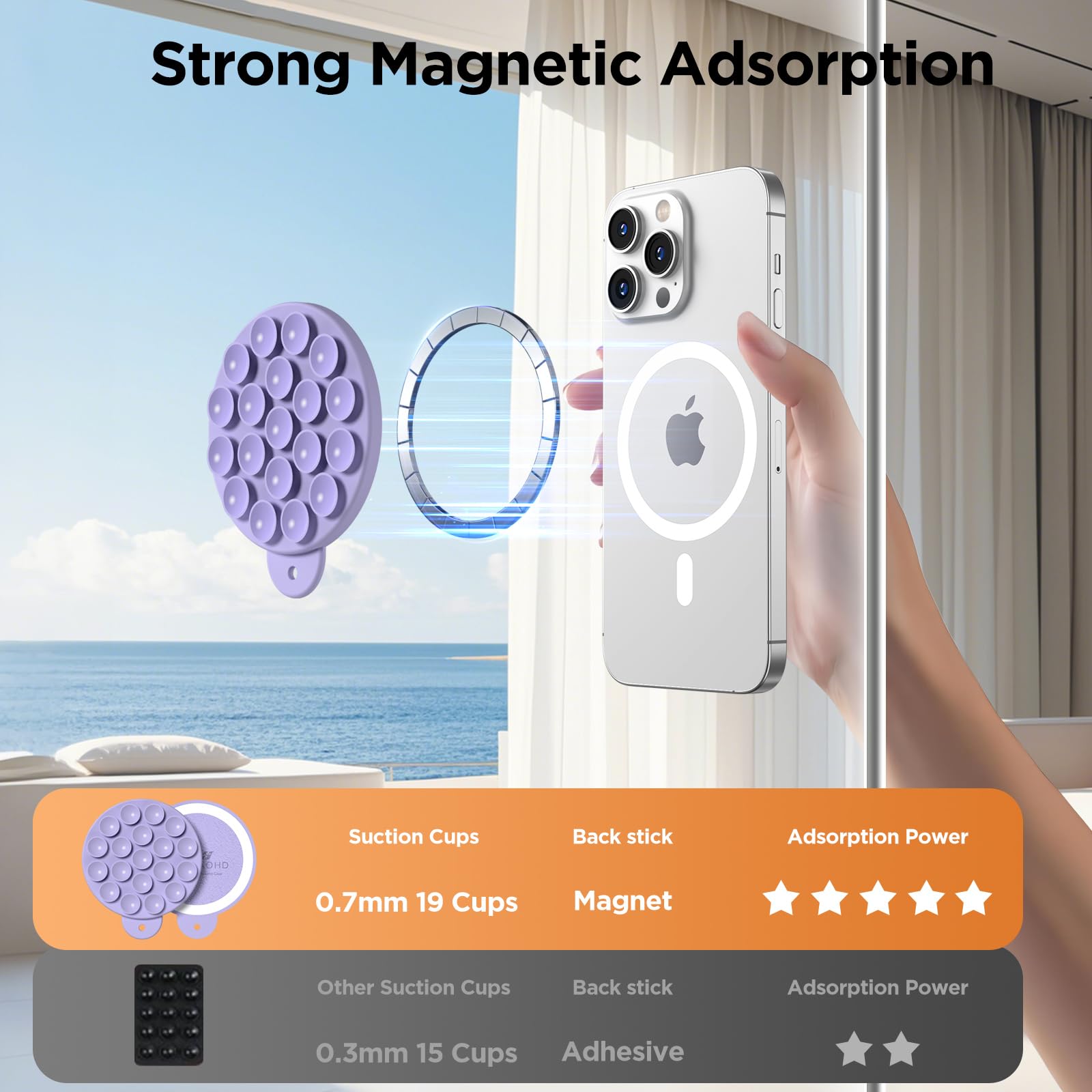 HSAOHD Magnetic Suction Cup Phone Mount with MagSafe, Silicone Hands-Free Grip Holder for iPhone Case and Android, Mirror Shower Phone Stand for Makeup FaceTime Gym Kitchen Bathroom, Lilac Purple
