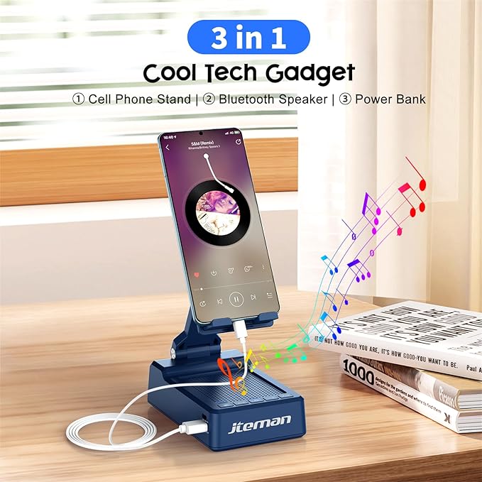 JTEMAN Gifts for Men Women,Cell Phone Stand with Bluetooth Speaker,Cool Tech Gadgets,Unique Birthday Gifts for Men Husband Mom Dad-Blue