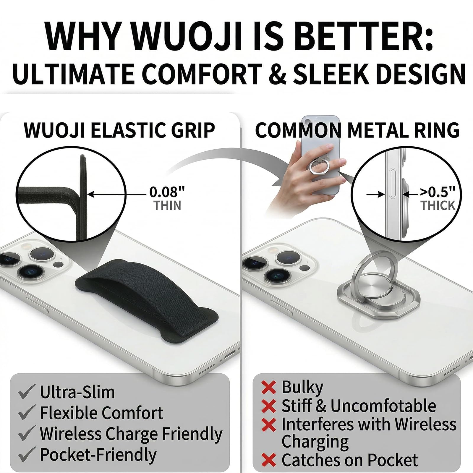 WUOJI Phone Grip Holder for Hand, Universal Finger Strap Phone Holder, Finger Selfie Grip Compatible with Most Smartphones (PU Black) - 2Pack