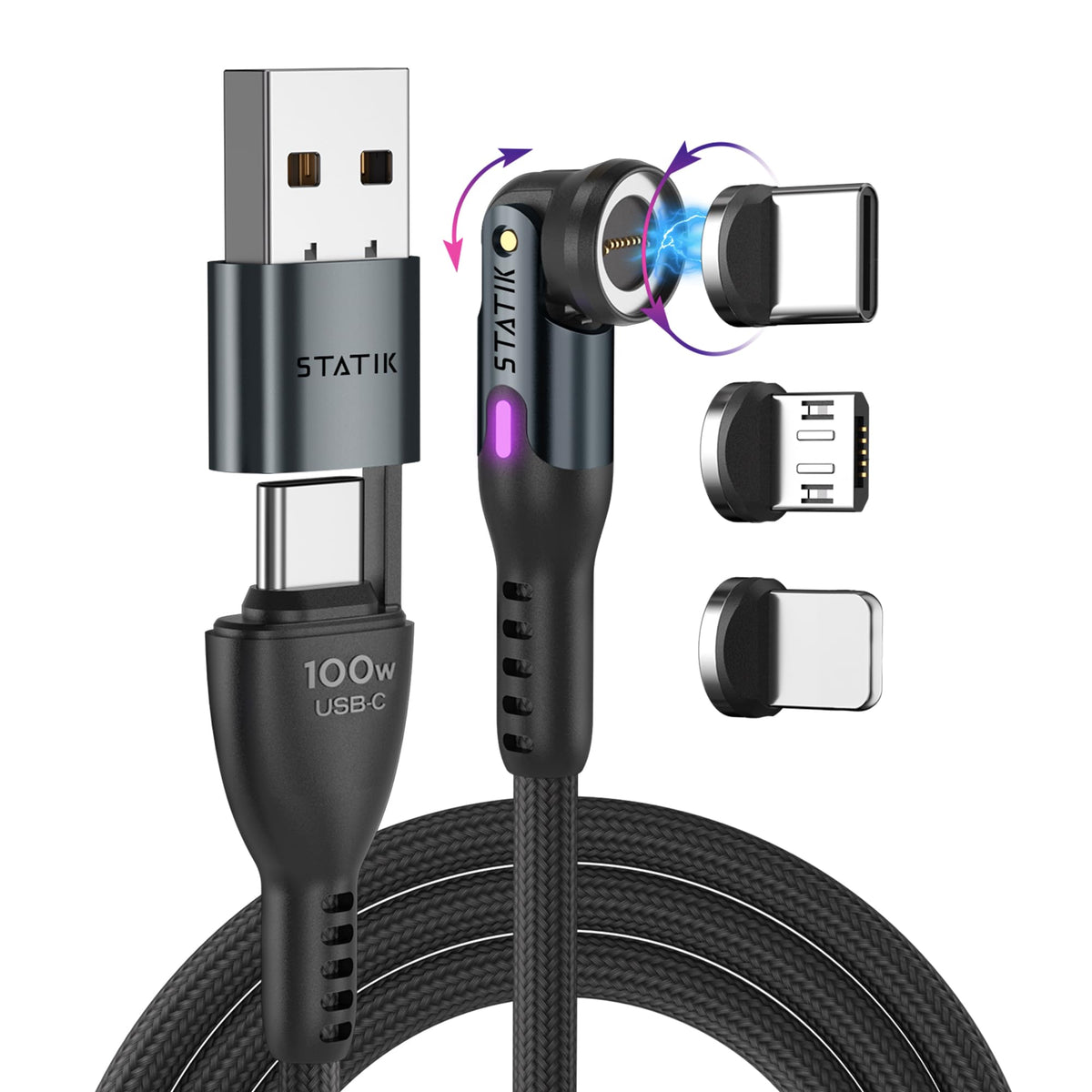 Statik 360 Pro Magnetic Charging Cable, USB-C Micro-USB iProduct Tips 100W
