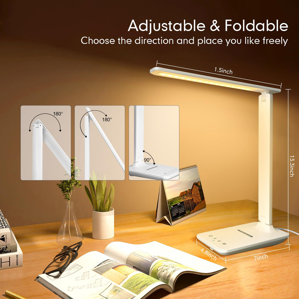 LED Desk Lamp Dimmable Table Lamp with USB Charging Port, 5 Lighting Modes, Sensitive Control, Foldable Portable Desk Light for Home Office Bedroom Reading (White-Pro, Standard Size - 13.3 inch)
