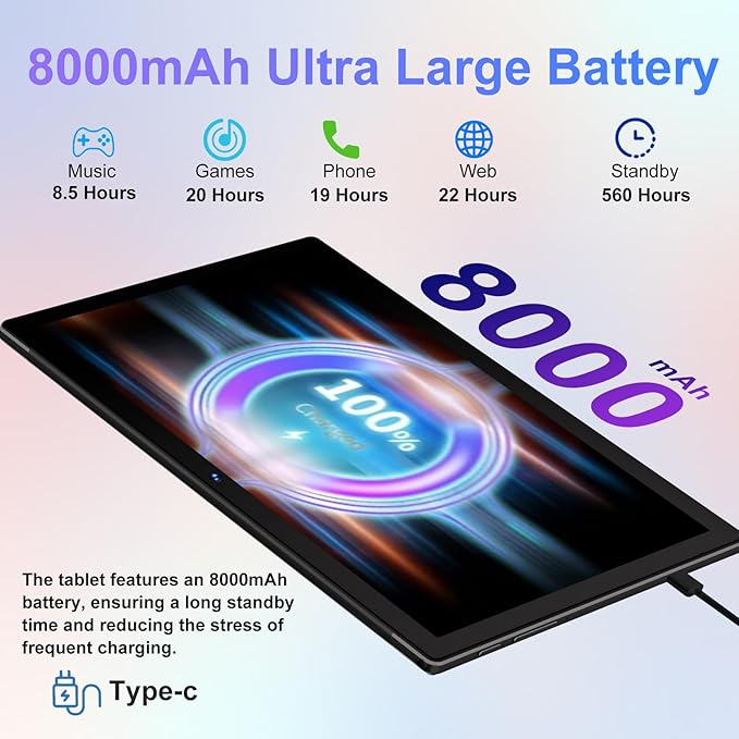 Android Tablet with Keyboard, 10 inch Android 14 Tablets 22GB+128GB, Octa-Core CPU, 8000mAh, HD IPS Display, 5G WiFi, BT 5.0, GPS, Widevine L1, 1TB Expandable, Mouse, Split Screen, Metal Body -Black