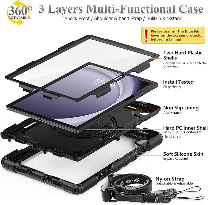 SEYMAC stock Case for Samsung Galaxy Tab A9+ Plus 11'', Full-Body Drop Protection Case with Screen Protector Pencil Holder [360° Rotating Hand Strap] &Stand, Black