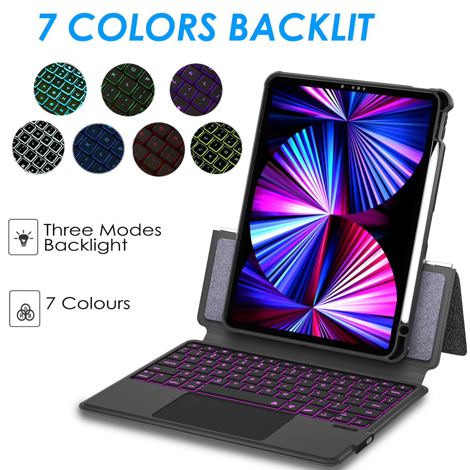 eoso iPad Air 5th Keyboard Case for iPad Air 11 inch (M2) 2024/4th/3rd/2nd/1st Gen -iPad10.9 Air 5 /Air 4 Gen-7 Color Backlight,Touchpad Detachable Slim Cover with Pencil Holder (10.9"/11",Black)