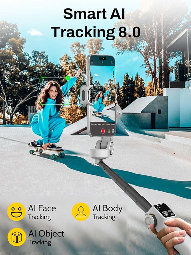 Gimbal Stabilizer for iPhone & Android, 3-Axis Phone Gimbal with OLED Screen, 7.8" Extendable Rod, Face & Gesture Tracking, Ideal for Vlogging, Travel & Video Recording-Smart V8 White