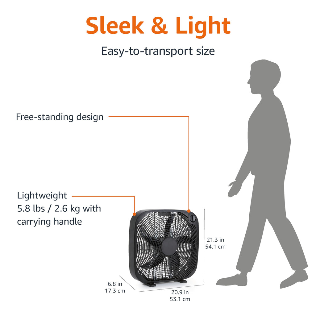 Amazon Basics 3-Speed Box Fan for Bedroom, Portable with Carry Handle, Powerful Airflow, 5 Blades, Lightweight Design, 67 Watts, 20-Inch, Black, 6.8"D x 20.86"W x 21.33"H