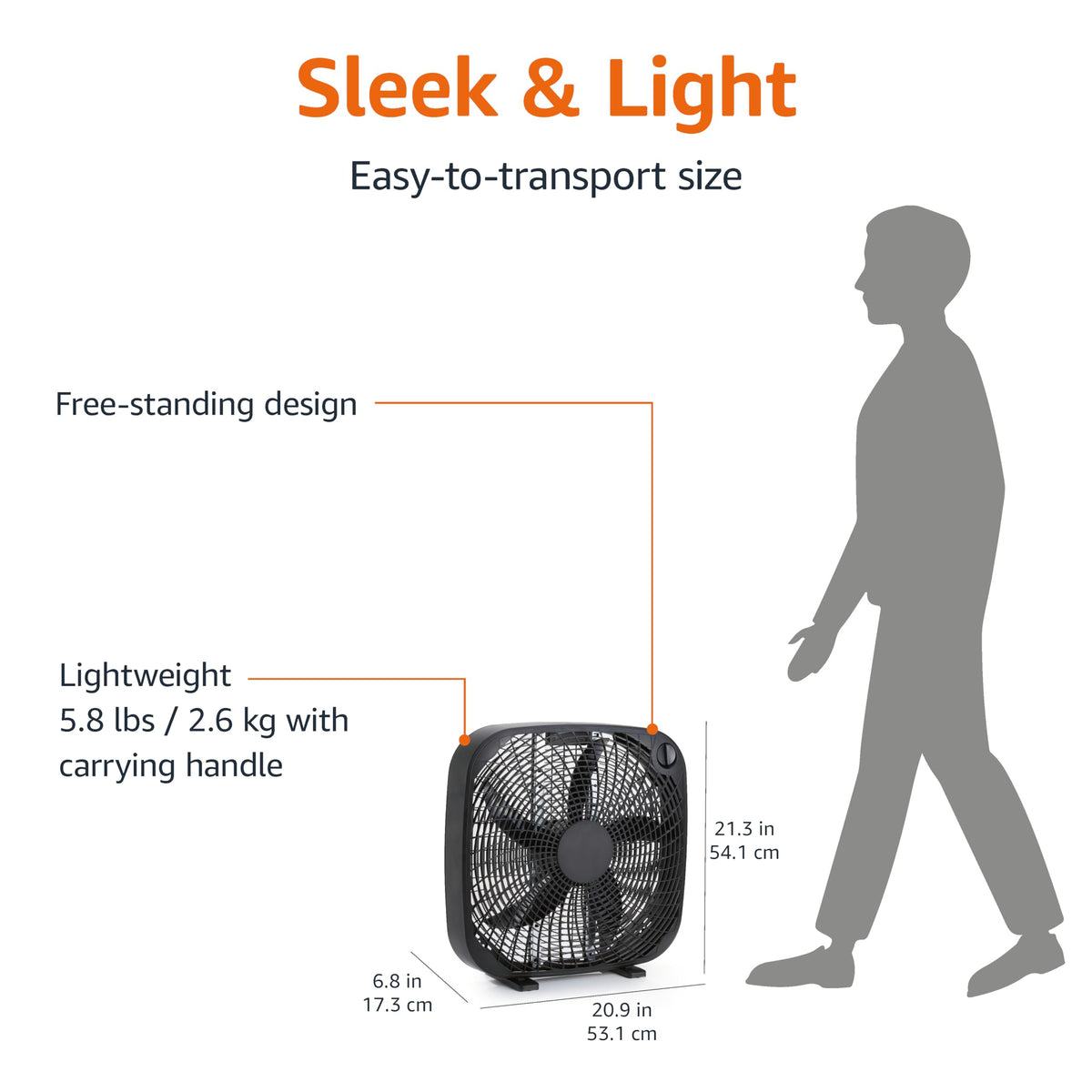 Amazon Basics 3-Speed Box Fan for Bedroom, Portable with Carry Handle, Powerful Airflow, 5 Blades, Lightweight Design, 67 Watts, 20-Inch, Black, 6.8"D x 20.86"W x 21.33"H