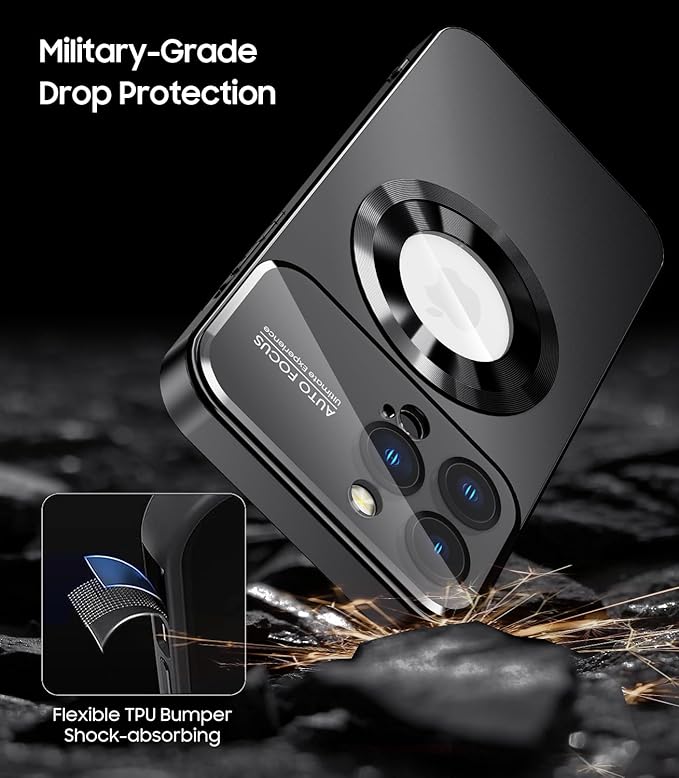 Magnetic for iPhone 16 Pro Max Case, Compatible with MagSafe, Built-in Camera Lens Protector, Logo View, Military Grade Drop Protection Phone Cover, Black