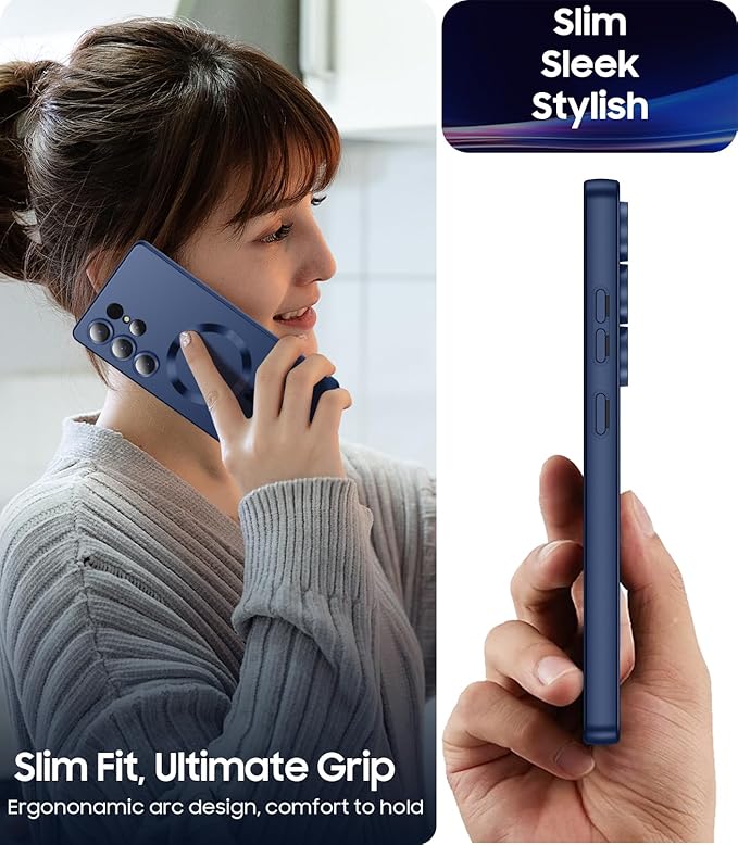 Magnetic for Samsung Galaxy S25 Ultra Case [Compatible with MagSafe][Built-in Camera Lens Protector] Slim Soft Silicone Bumper Shockproof Metallic Luster Phone Shell (Blue)
