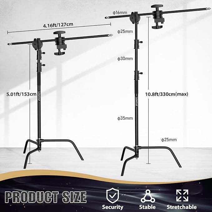 LOMTAP C Stand Light Stand Stainless Metal Photography Kit - Heavy Duty 6.8ft/210cm Vertical Pole, 2.8ft/87cm Boom Arm, Adjustable Base, Water Sandbag, 2 Grip Heads, 3 Clips for Softbox, Reflector