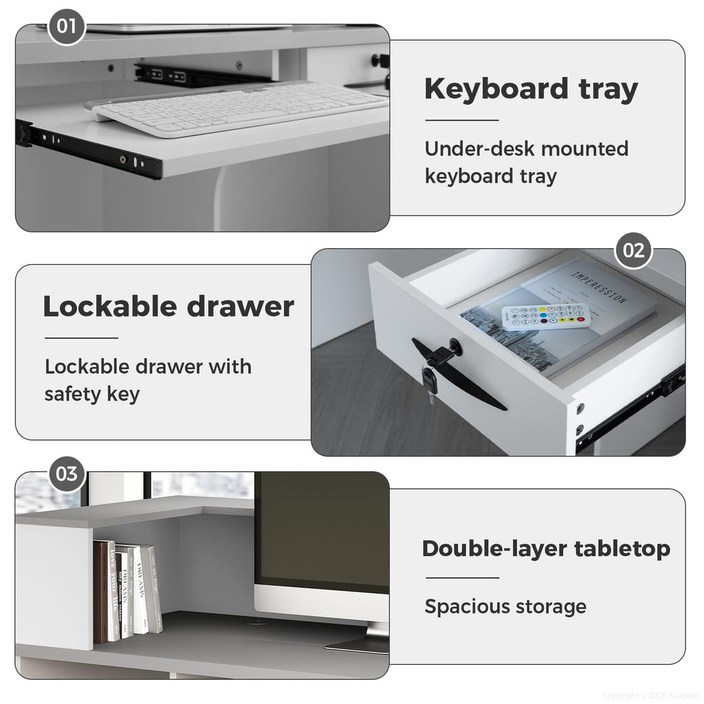 Nuipesn 71" Modern Reception Desk with Counter, Lockable Drawer, Keyboard Tray & Cable Grommet, Left Layout, White + Black