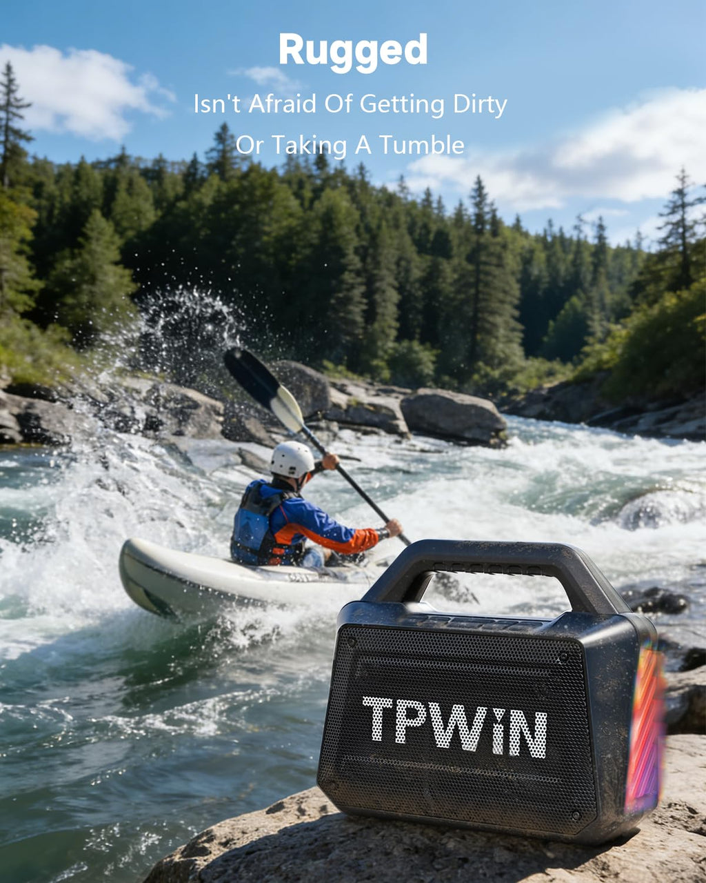 TPWIN Bluetooth Speaker - 80W Loud Rugged Outdoor Speakers, IPX6 Waterproof, 20H Playtime, Deep Bass, Lightshow, TWS, BT 5.3 Wireless, Portable for Travel Hiking Camping Beach Pool - Black