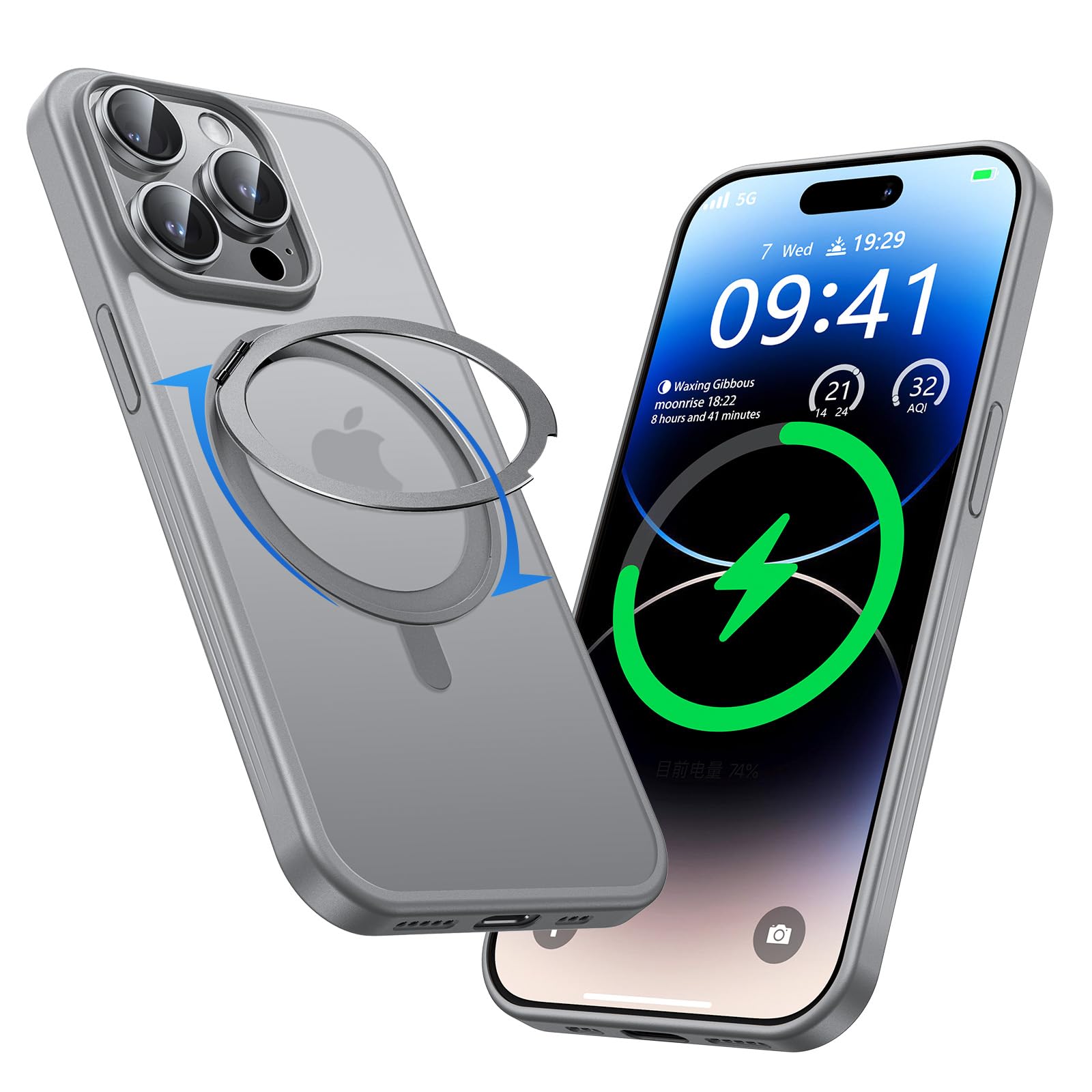 MAGIC JOHN 360° Rotatable Magnetic Invisible Stand for iPhone 15 Pro Case [Camera Control Button] [Compatible with MagSafe] 16FT Shockproof for iPhone 15 Pro Case with Kickstand, Gray