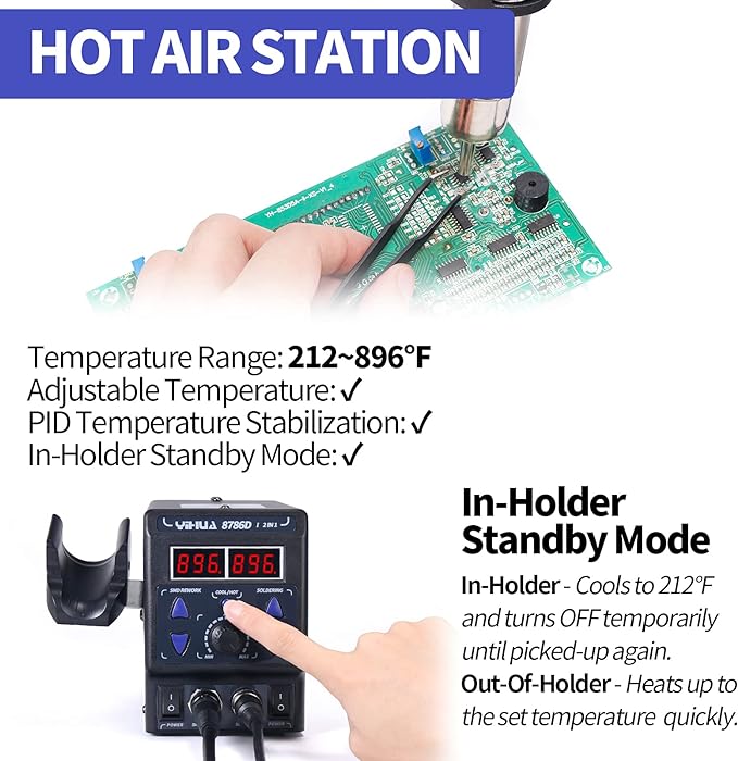 YIHUA 8786D I 2 in 1 Hot Air Rework and Soldering Iron Station with °F /°C, Cool/Hot Air Conversion, Digital Temperature Correction and Sleep Function