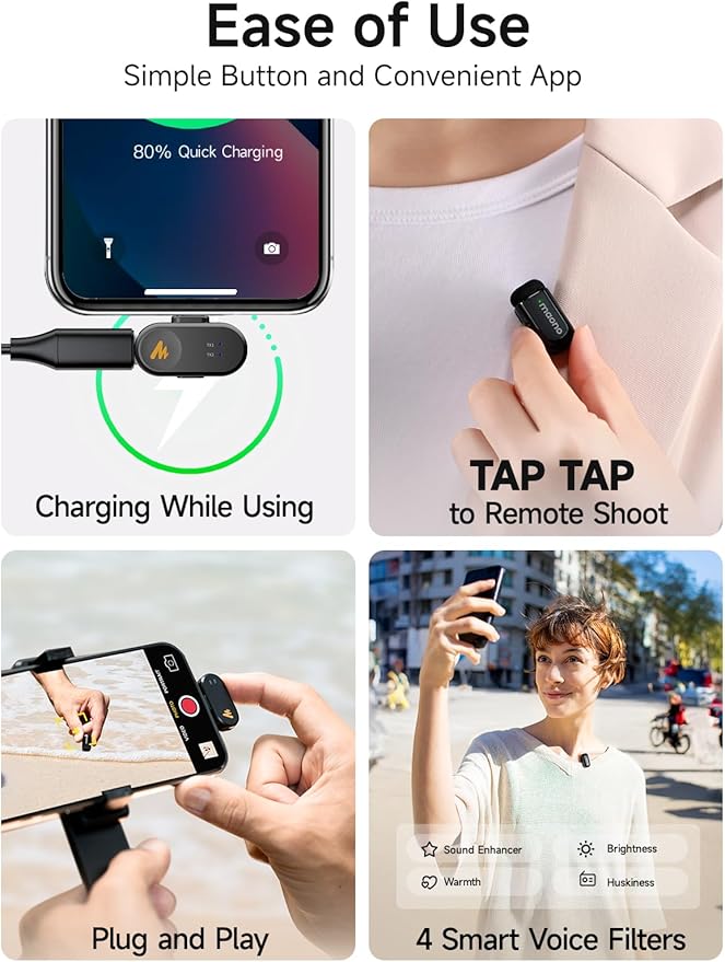 MAONO WAVE T1 Mini Wireless Lavalier Microphone for iPhone Android Tablet PC with Noise Cancellation, AI Voice Filter, 30H Used with Charging Case, USB-C/Lightning Plug for Video Recording Vlog TikTok