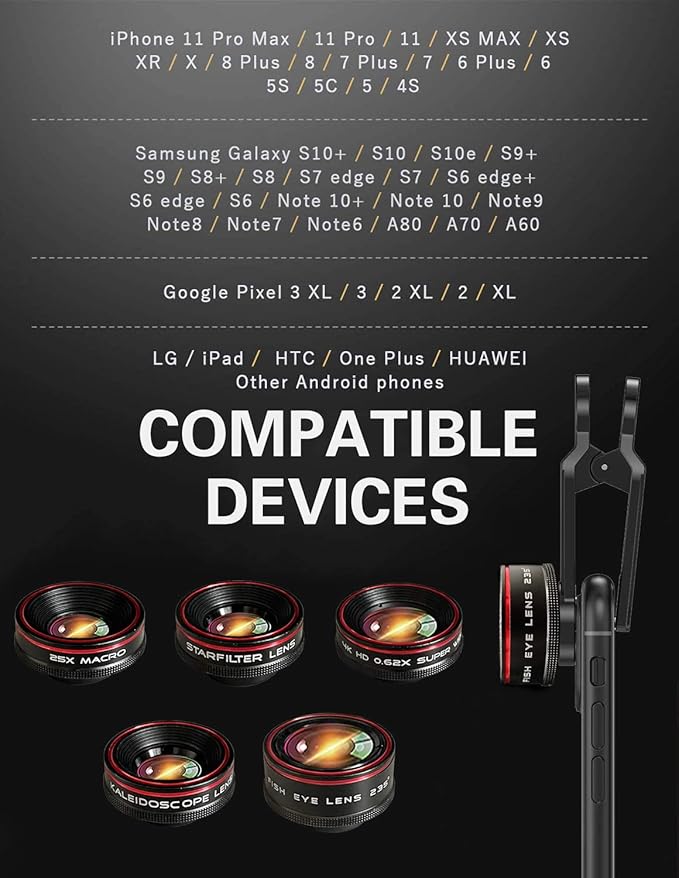 Phone Camera Lens Kit 10 in 1 for iPhone Samsung Pixel Android, 22X Telephoto Lens, 0.62X Super Wide Angle Lens&25X Macro Lens, 235° Fisheye,Kaleidoscopes, Starlight，Tripod，for Most Smartphone Black