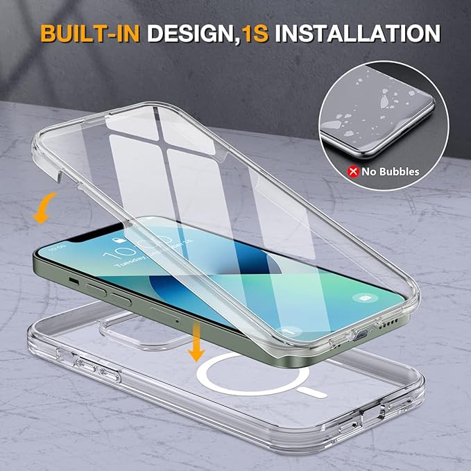Miracase Glass Series Designed for iPhone 13 Case 6.1 inch, 2023 Upgrade Full-Body Magnetic Clear Case with Built-in 9H Tempered Glass Screen Protector,Compatible with MagSafe,Clear