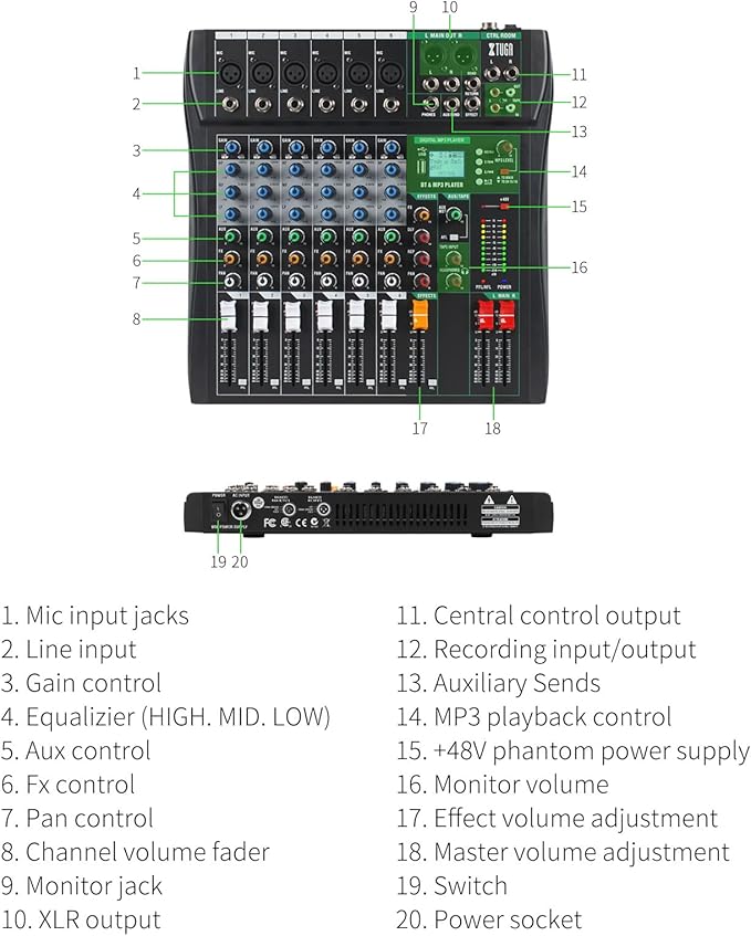XTUGA 6 Channel Audio Mixer Sound Board Mixing Console, Audio Interface PC USB Bluetooth with 48V Phantom Digital Effect for DJ Live Recording Studio Karaoke(CT60)