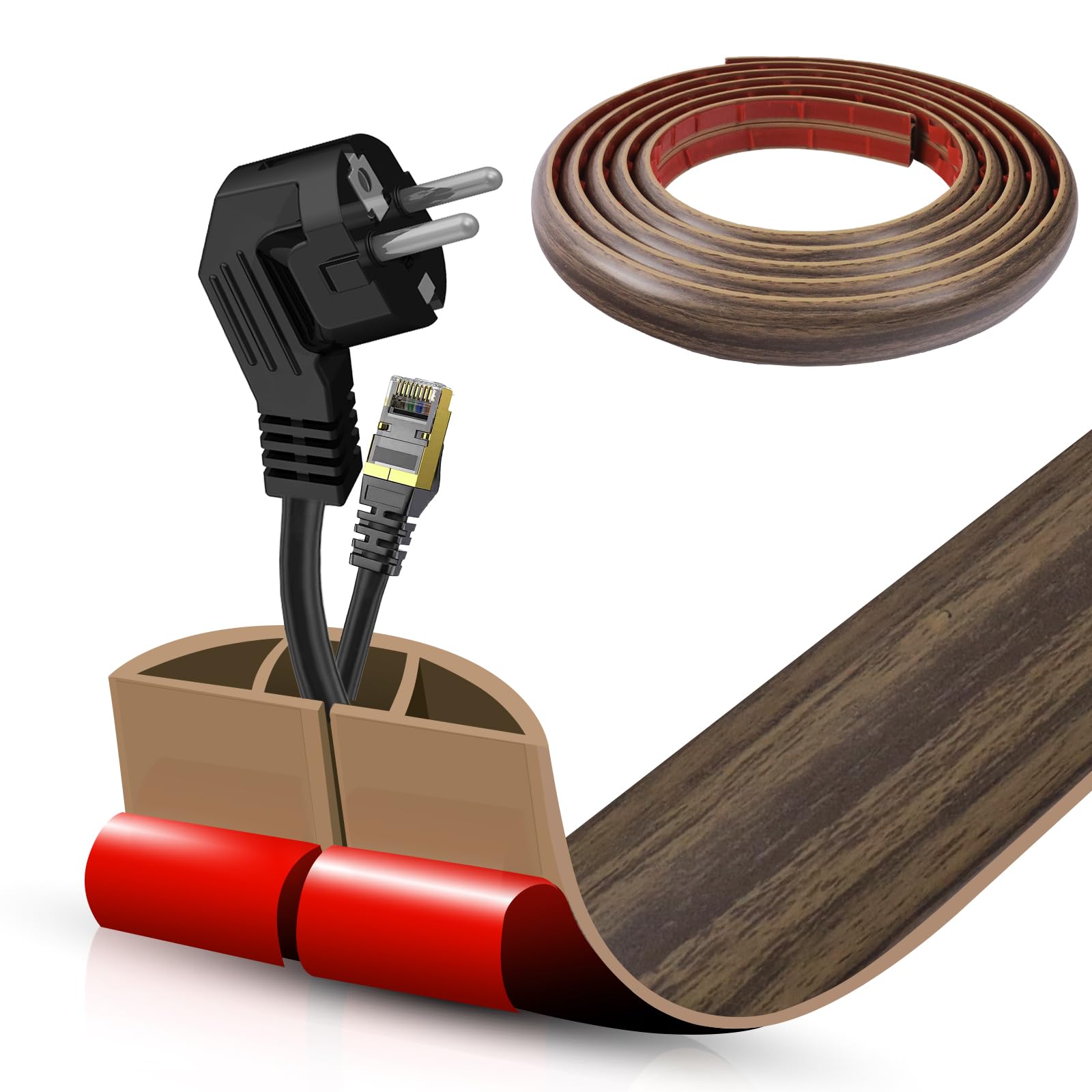Floor Cord Cover Self Adhesive Cord Hider,10FT Cable Management, Extension Strip Protector for Wires, Prevent Cable Trips for Offices, Gyms, Exhibitions Cavity:0.47"(W) x 0.35"(H) Wood Walnut