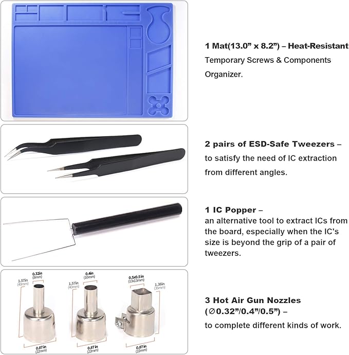 YIHUA 959D-Digital Hot Air Rework Station, High Power with 3 Memories, Airflow Efficiency, °F /°C Display, Accurate Temp.(212°F~932°F), Brushed Aluminum Panel & Safety Features