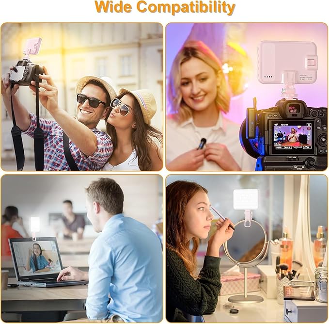 Hagibis LED Camera Light Video Lights Portable Photography Lighting 60 LED 2200mAh Rechargeable Selfie Light 7 Modes, 10-Level Brightness, Portable Clip on Light for Phone/Tablet/Laptop, Pink