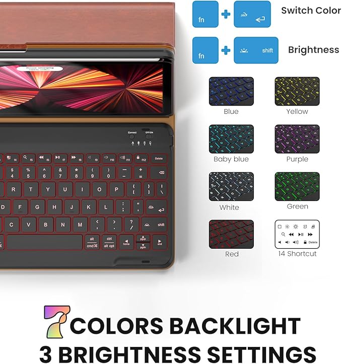Leather Keyboard Case for iPad Air 5th 4th Generation 10.9 inch Pro 11 1st/2nd/3rd/4th, 7 Color Backlight BT Keyboard Folio with Pencil Holder 2022 2021 2020 2018 (Brown)