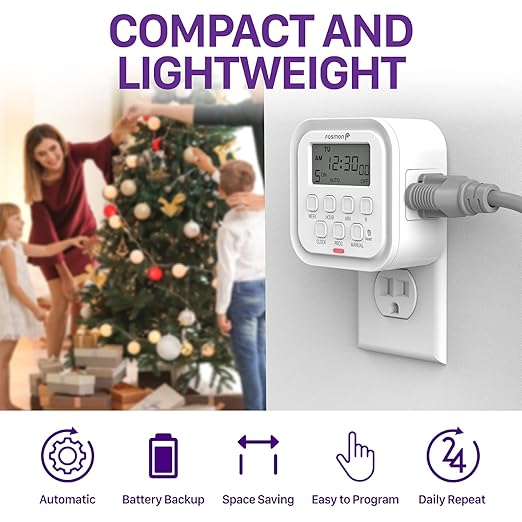 Fosmon 7 Day Digital Timers for Electrical Outlets, Indoor Plug-in Light Timers Switch Programmable, Electric Wall Plug for Lamp, Grow Reptile Lights, Aquarium, 15A/1875W, Grounded- 2 Pack