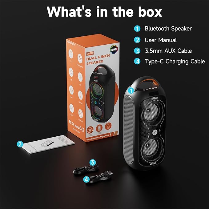 Portable Bluetooth Speaker 120dB Loud with Beat-Sync LED Lights & Dual 4-inch Speakers – 5 RGB Modes + 8 Colors, Bluetooth 5.3, USB/TF/AUX/FM/Mic, TWS Pairing – for Outdoor, Party, Camping & Beach