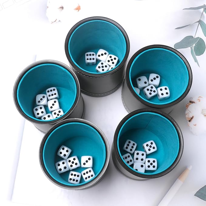 5 Pack PU Leather Dice Cups Felt Lining Quiet Shaker with 30 Dot Dice for Bar Party Yahtzee Farkle Dice Games, Grey