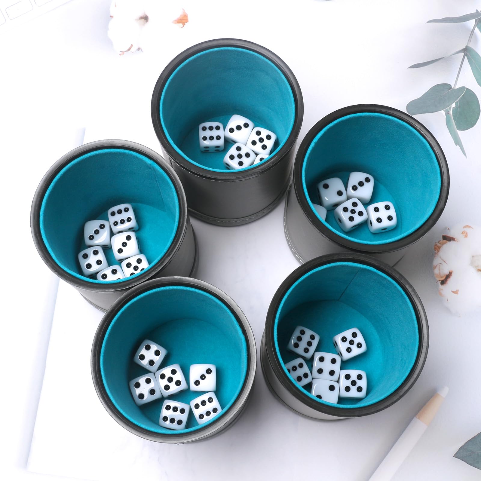5 Pack PU Leather Dice Cups Felt Lining Quiet Shaker with 30 Dot Dice for Bar Party Yahtzee Farkle Dice Games, Grey
