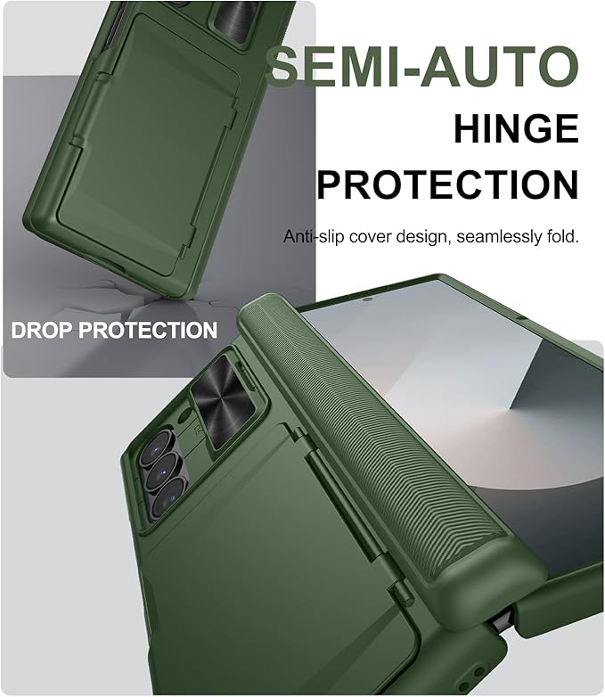 for Samsung Galaxy Z Fold 6 Case with Card Holder & Slide Camera Lens Cover & Hinge Protection & Screen Protector, Heavy Duty Full Body Protective Phone Cover Case for Galaxy Z Fold 6, Green