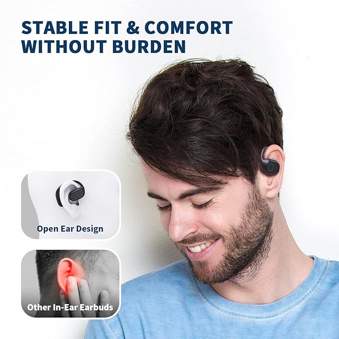 Open Ear Headphones, True Wireless Earbuds 40H Playtime Bone Conduction Headphones with Mic, Bluetooth 5.3 Over Ear Earbuds with Hooks & LED Display Charging Case, IPX6 for Sports (Black)