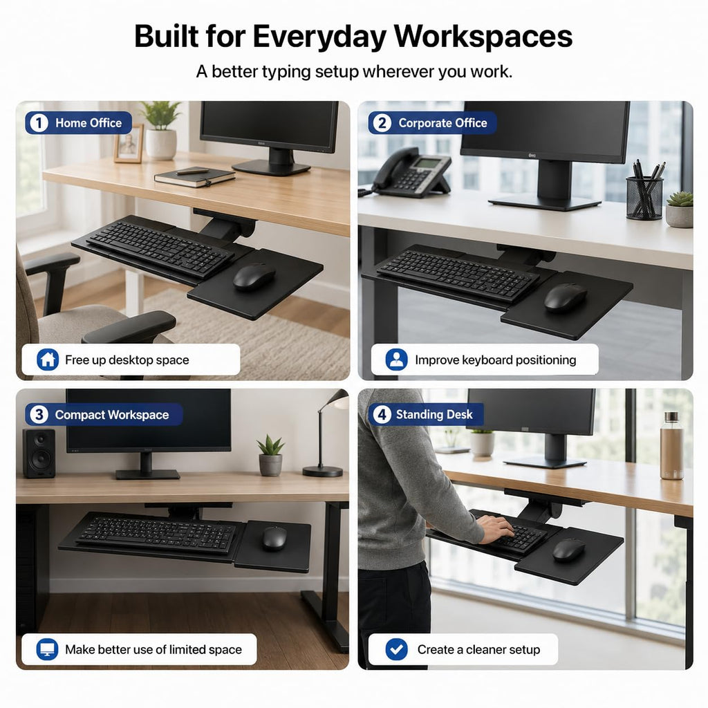 KT1 Ergonomic Keyboard Tray Under Desk, Under Desk Slide Out Tray with Adjustable Height and Tilt, Easy to Slide and Swivel 360 Degree, Keyboard Drawer with Adjustable Mouse Pad