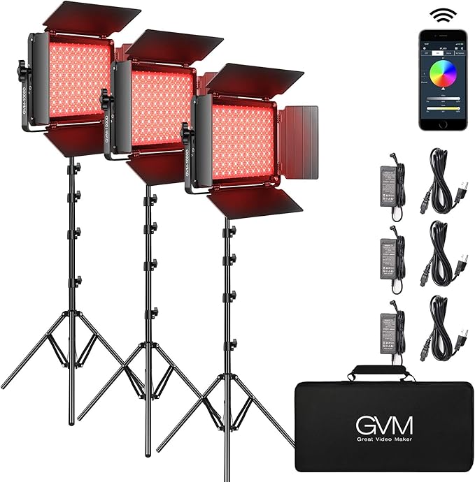 RGB Full Color LED Video Light, GVM 3 Pieces Photography Lighting Kit with APP Control, for YouTube Studio, Video Shooting, 3200-5600K/CRI 97/8 Kinds of The Scene Lights, with U Bracket and Barn Door