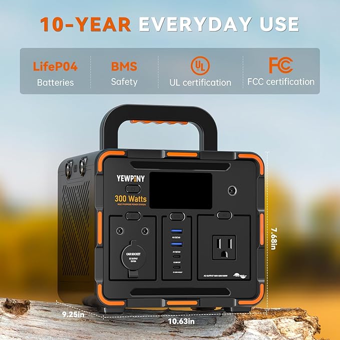 EM300 Portable Solar Station, 259Wh LiFePO4 Battery, 65W USB-C PD Fast Charging, 600W Peak, AC/DC/USB-A Output for Camping, Home and Emergency Use (300W Portable Power Station)