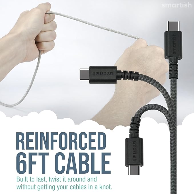 Smartish 2 in 1 USB C to USB C/Lightning Cable - Crown Joule - 6 Ft Fabric Wrapped Fast Charging Cord - for iPhone, Galaxy, Pixel - 100W Dual Fast Charger for Phones/Laptops - No. 2 Pencil Gray