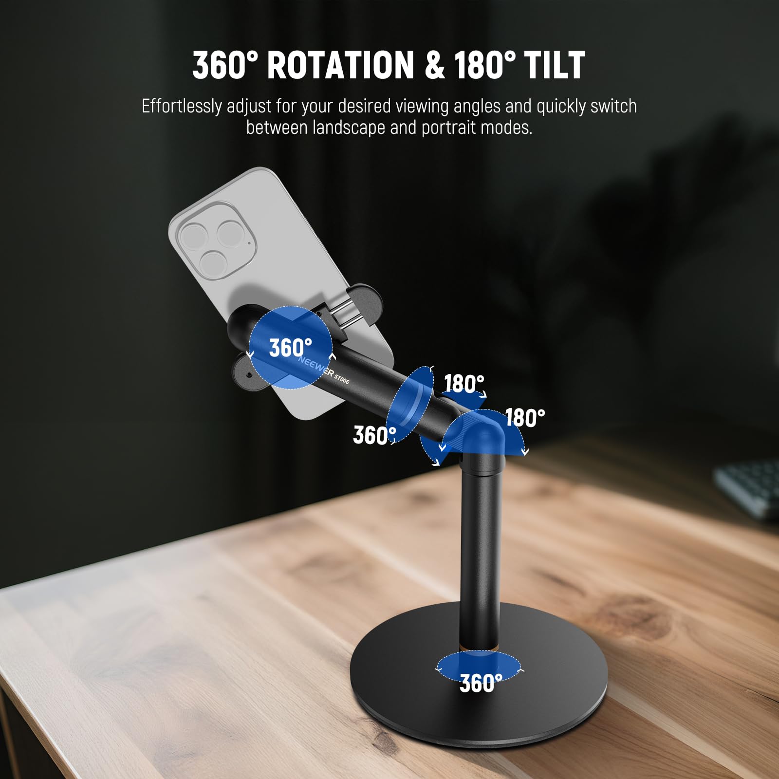 NEEWER Basics Cell Phone Stand for Desk, Adjustable Phone Holder Clamp with Weighted Metal Base, Office Table Phone Mount Compatible with iPhone 16 15 Pro Max Plus Samsung for Video Recording, ST006
