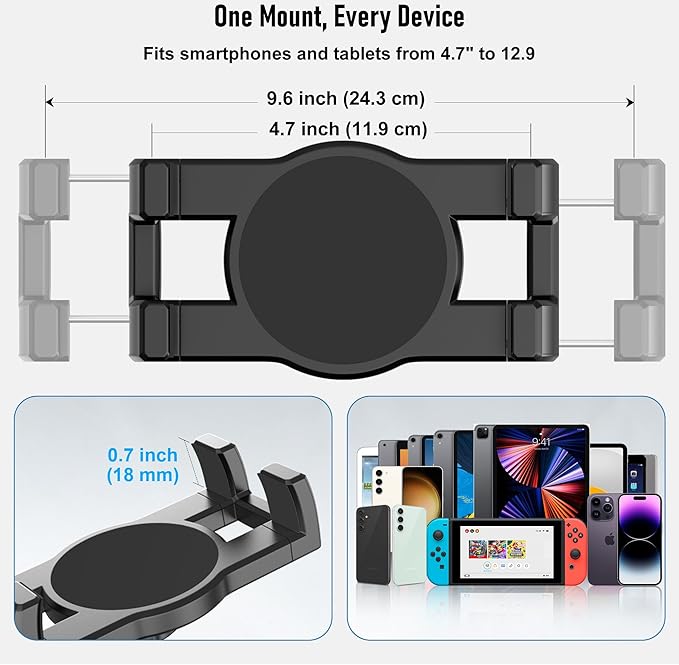 Industrial Tablet Mount for Truck&Vehicle, Heavy Duty Drill Base iPad Mount Holder for Car, Adjustable Aluminum Arm, Compatible w/ 4.7"-12.9" Devices, Perfect for Dashboard, Boats, Walls–Black