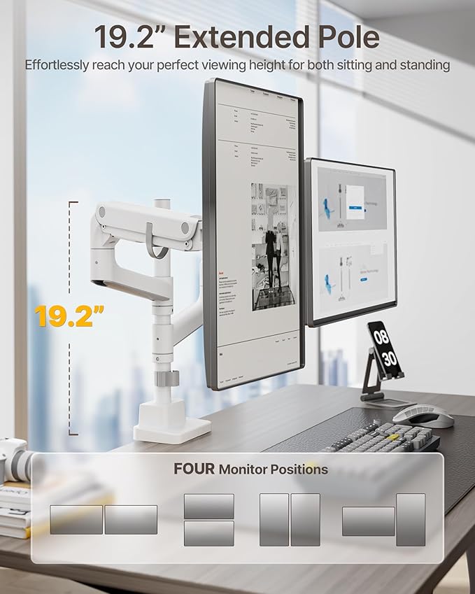 monTEK Dual Monitor Arm for up to 57" and 59.4 lbs Ultrawide Screen, Aluminum Heavy-Duty Gas Spring Vertical Stackable Curved Screen Adjustable Monitor Stand, 75/100mm Vesa Mount, White