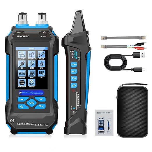 10 in 1 Network Cable Tester with 7 Wavelengths OPM 10Km/10mW VFL 600M Measurable Length 100 Records Tool Kit for CAT5 CAT6 Telephone Ethernet RJ11 RJ45 PoE Wire Tracer NCV, Blue