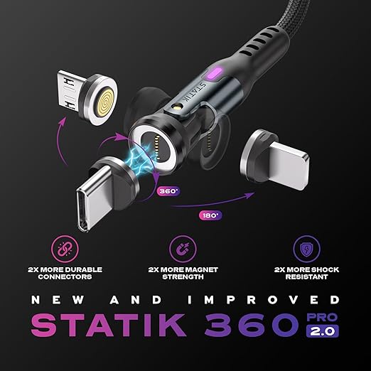 Statik 360 Pro Magnetic Charging Cable - Type C Charger Fast Charging 3 in 1 USB C to USB C Cable, Micro USB & iProduct Tips, USB A Adapter, Fits All Devices - 100W Fast Charger, Black 3FT/1M
