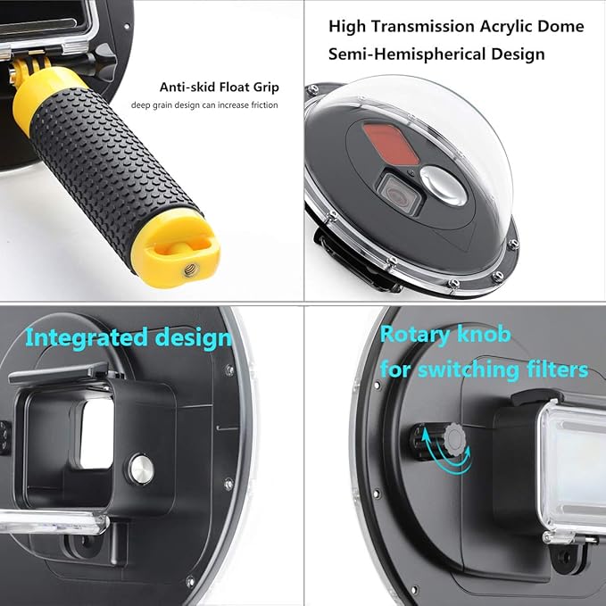 Dome Port Lens for GoPro Hero 5 6 7 Black Hero (2018), Dome Port with Waterproof Housing Case, Trigger, Floating Hand Grip, Built-in Switchable Red Filter and 10x Macro Filter