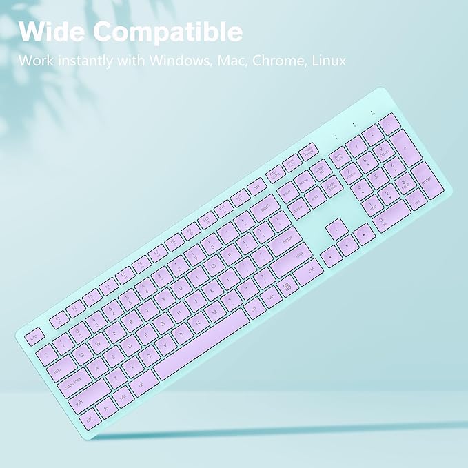 LeadsaiL Wireless Keyboard, 2.4GHz Full-Sized Ergonomic Computer Keyboard, Cordless Noiseless Keyboard,12 FN Shortcuts for Windows MacOS Laptop Computer - Purple and Mint Green