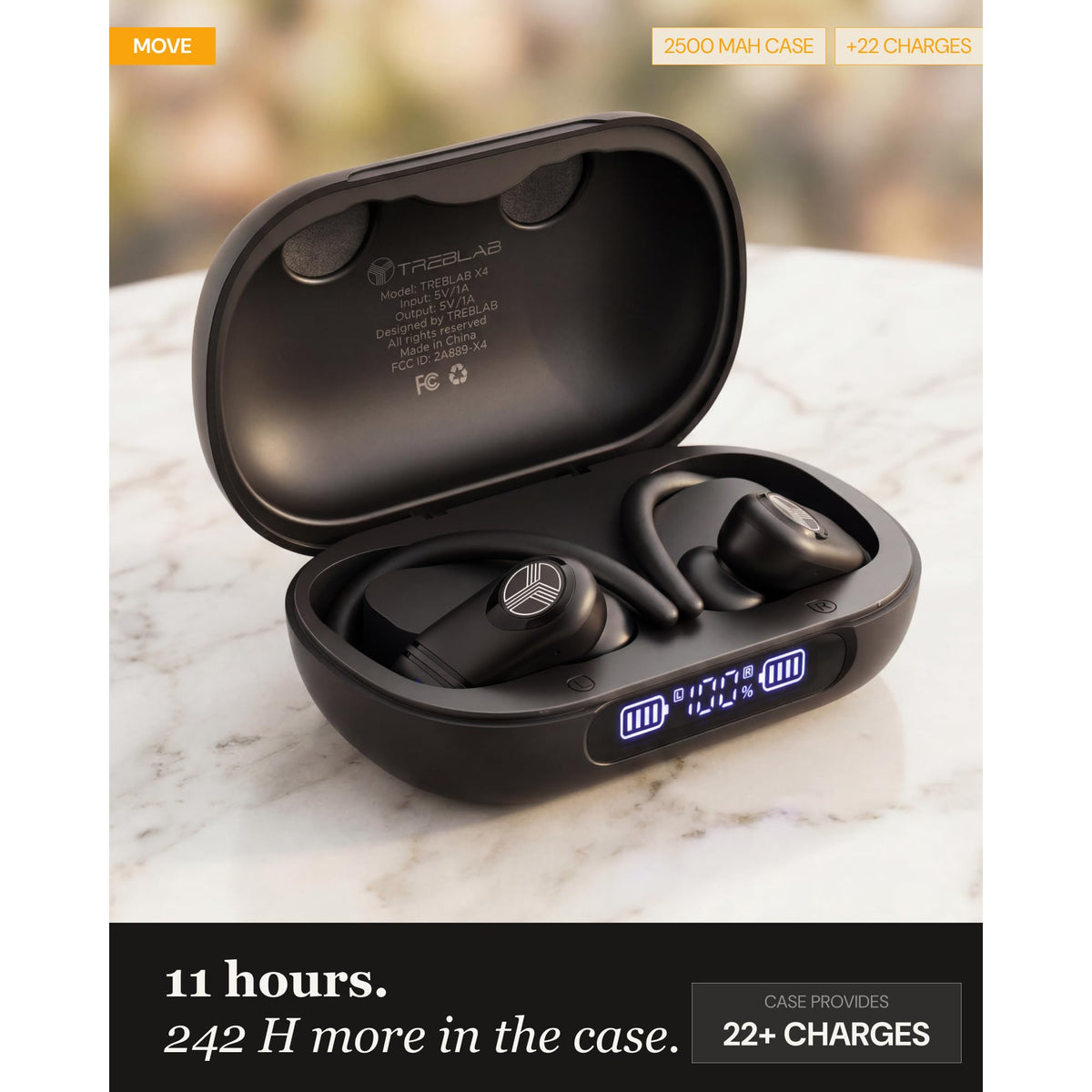 TREBLAB X4 Over the Ear Earbuds Wireless Bluetooth, 11H, IPX5