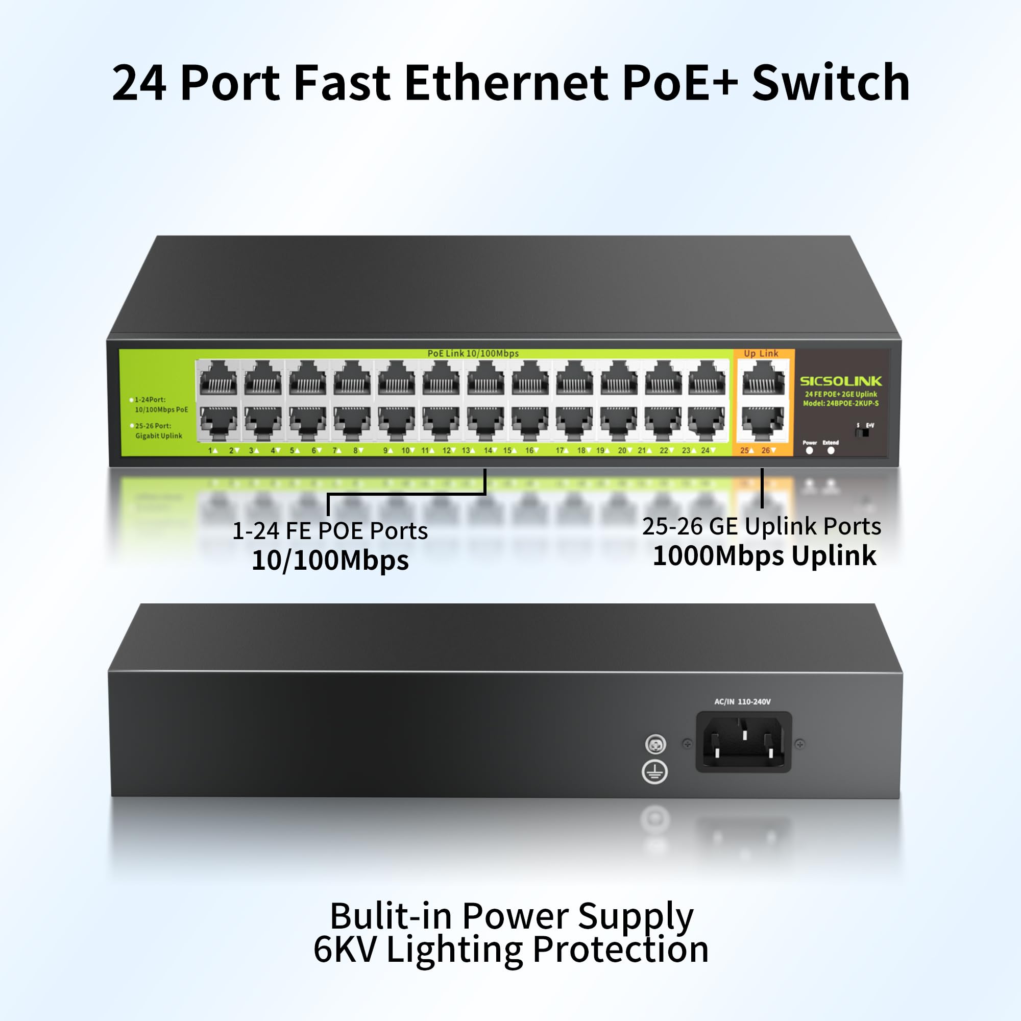 24 Port PoE+ Switch 2 Gigabit Uplink 400W Rack Mount Unmanaged IEEE 802.3af/at Extend 250M for IP Cameras AP VoIP Phones 6KV Lightning Protection