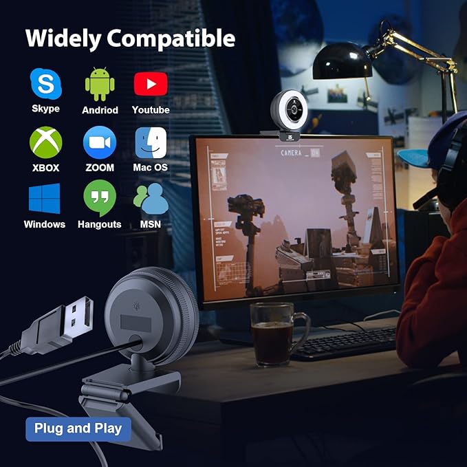 Zoomable Webcam with Remote Control, 1080P 60FPS Streaming with Ring Light and Microphone, Pro USB Webcam with 5X Digital Zoom and Privacy Cover for Zoom/Skype/Teams/PC/Laptop/Mac