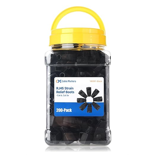 Cable Matters 200-Pack Cat6 / Cat5e RJ45 Strain Relief Boots, RJ45 Boot, Cat 6 Boot, Cat6 Ethernet Boots, Black, Suitable for 6.5mm (0.25in) Ethernet Cables